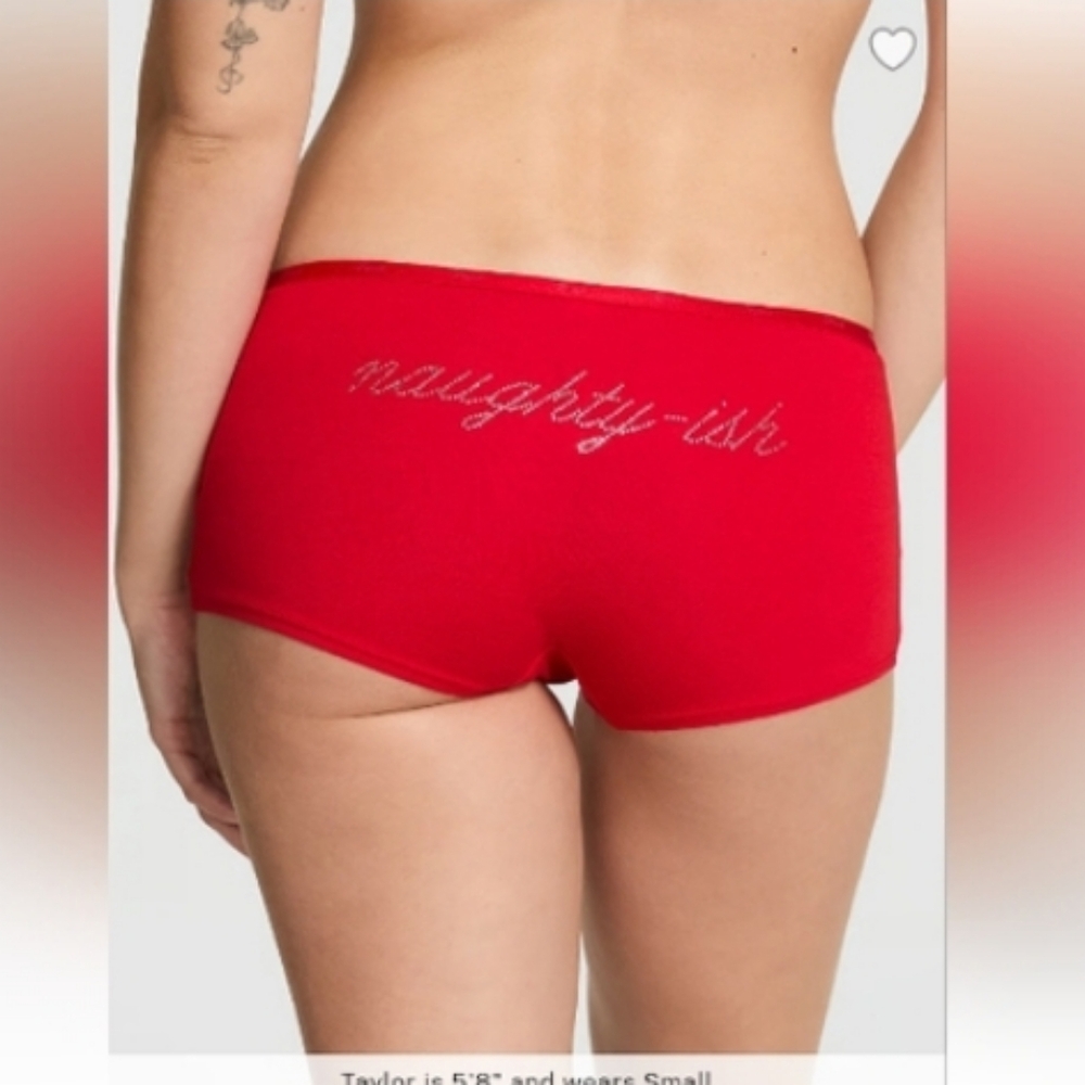 PINK VS BrightVermillion Naughty-ish Diamante Graphic Logo Cotton Boyshort Panty